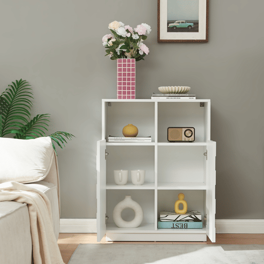 Cómoda alta Bopibobro com 2 portas 6 compartimentos 86x64x36 cm Branco en.casa
