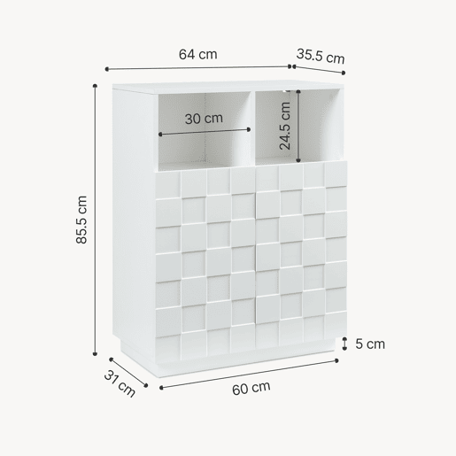 Cómoda alta Bopibobro com 2 portas 6 compartimentos 86x64x36 cm Branco en.casa