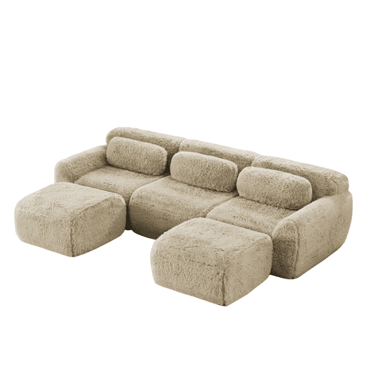 Sofá modular de 3 lugares - Tecido felpudo, sem montagem, antiderrapante, com almofadas - Cáqui claro