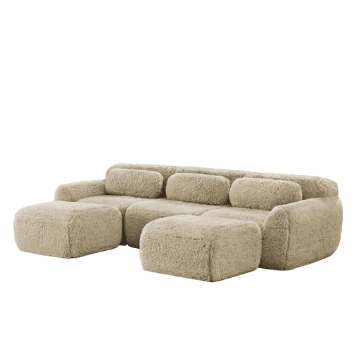 Sofá modular de 3 lugares - Tecido felpudo, sem montagem, antiderrapante, com almofadas - Cáqui claro