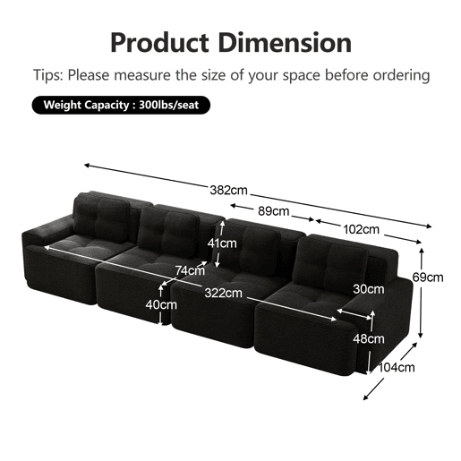 Sofá modular Boneless 4 lugares - profundo e confortável, veludo cotelê - preto