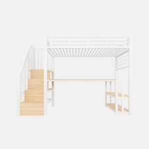 Cama alta 90x200 cm - Estrutura em ferro, secretária, LED, arrumação, USB - Branco