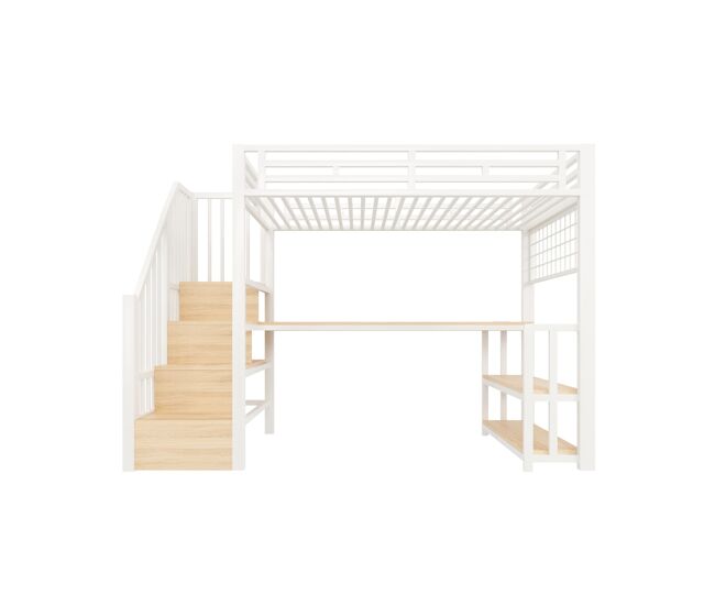 Cama alta 90x200 cm - estructura hierro, escritorio, led, almacenamiento, usb - blanco