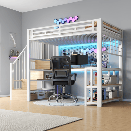 Cama alta 90x200 cm - Estrutura em ferro, secretária, LED, arrumação, USB - Branco Cama alta 90x200 cm - Estrutura em ferro, secretária, LED, arrumação, USB - Branco