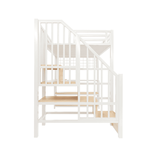 Cama alta 90x200 cm - Estrutura em ferro, secretária, LED, arrumação, USB - Branco Cama alta 90x200 cm - Estrutura em ferro, secretária, LED, arrumação, USB - Branco