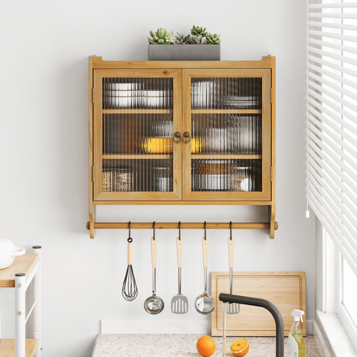 Armário de parede 63 cm - Portas de vidro vintage, 3 níveis e toalheiro - Madeira natural