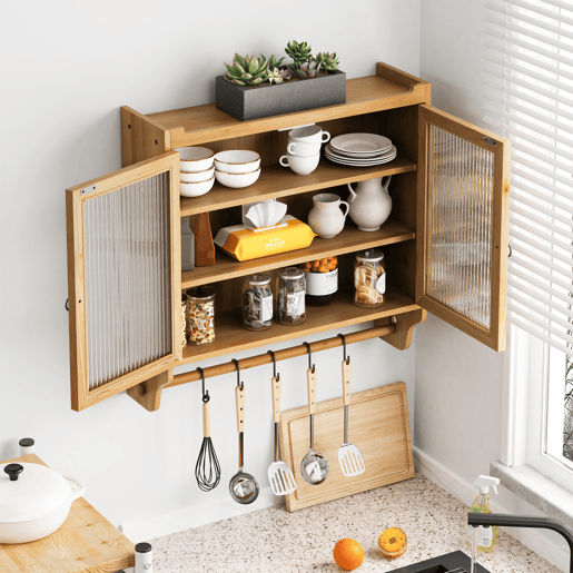 Armário de parede 63 cm - Portas de vidro vintage, 3 níveis e toalheiro - Madeira natural