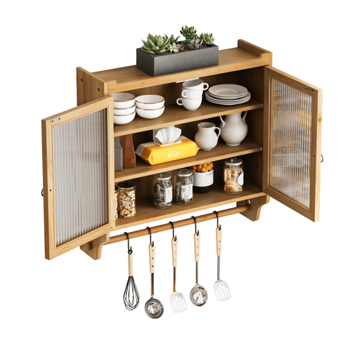Armário de parede 63 cm - Portas de vidro vintage, 3 níveis e toalheiro - Madeira natural
