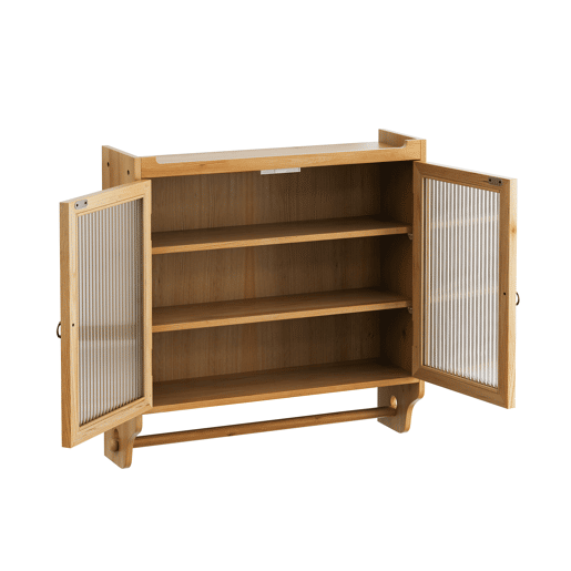 Armário de parede 63 cm - Portas de vidro vintage, 3 níveis e toalheiro - Madeira natural