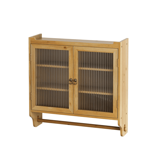Armário de parede 63 cm - Portas de vidro vintage, 3 níveis e toalheiro - Madeira natural