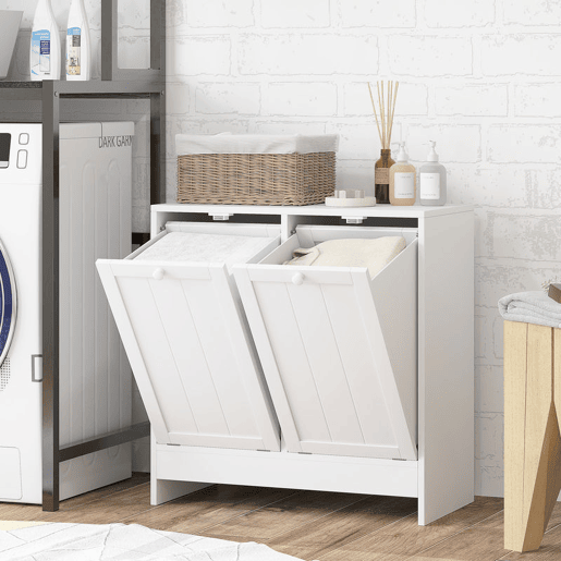 kleankin Armário de Casa de Banho com Cestos de Roupa Suja Móvel Roupa Suja com 2 Compartimentos Ideal para Lavandaria 66x33x68 cm Branco