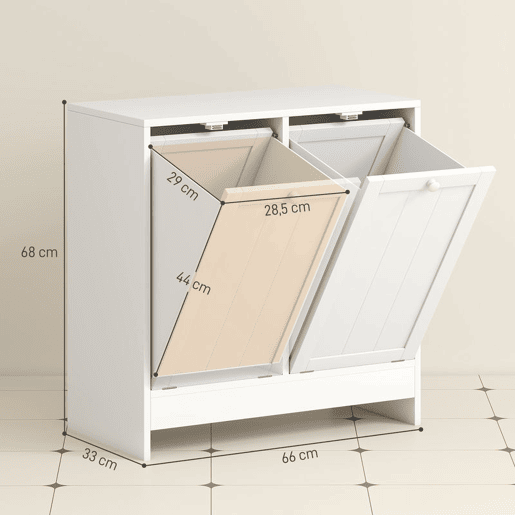 kleankin Armário de Casa de Banho com Cestos de Roupa Suja Móvel Roupa Suja com 2 Compartimentos Ideal para Lavandaria 66x33x68 cm Branco