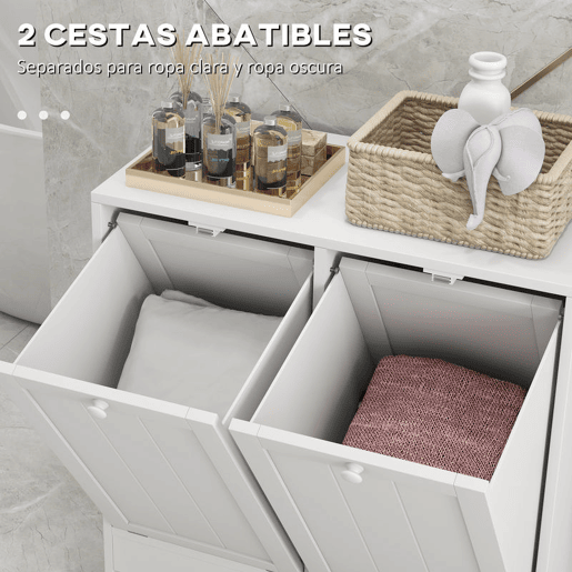 kleankin Armário de Casa de Banho com Cestos de Roupa Suja Móvel Roupa Suja com 2 Compartimentos Ideal para Lavandaria 66x33x68 cm Branco