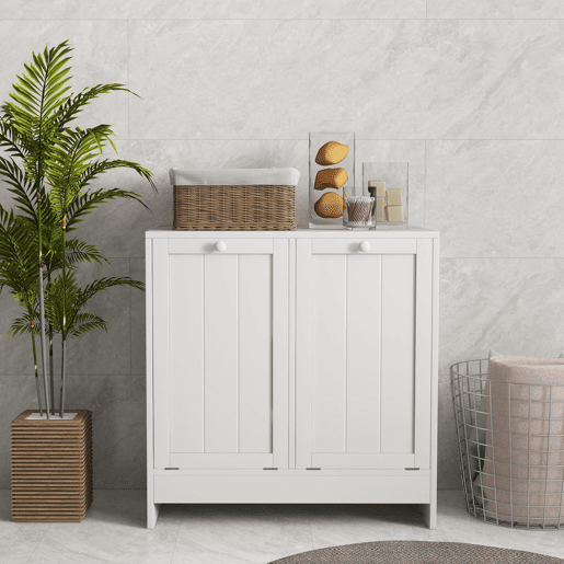 kleankin Armário de Casa de Banho com Cestos de Roupa Suja Móvel Roupa Suja com 2 Compartimentos Ideal para Lavandaria 66x33x68 cm Branco