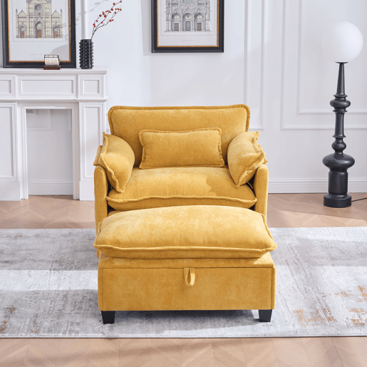 Poltrona lounge grande - com apoio para os pés, almofada e bolsos laterais - Amarelo