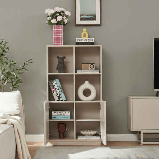 Cómoda alta Bopibobro com 2 portas 8 compartimentos 118x64x30 cm Bege en.casa