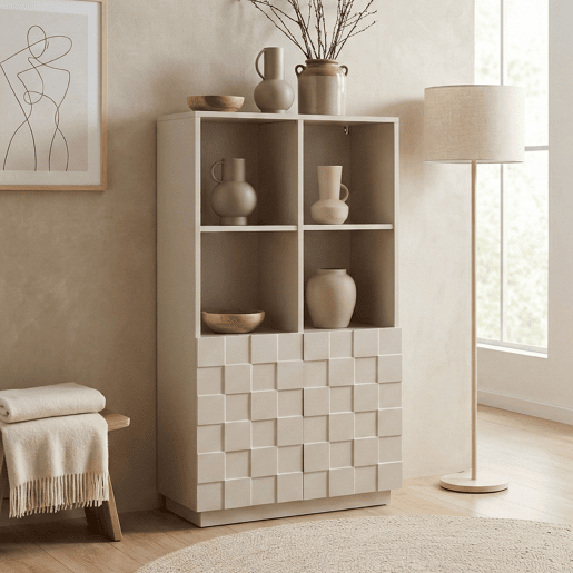 Cómoda alta Bopibobro com 2 portas 8 compartimentos 118x64x30 cm Bege en.casa