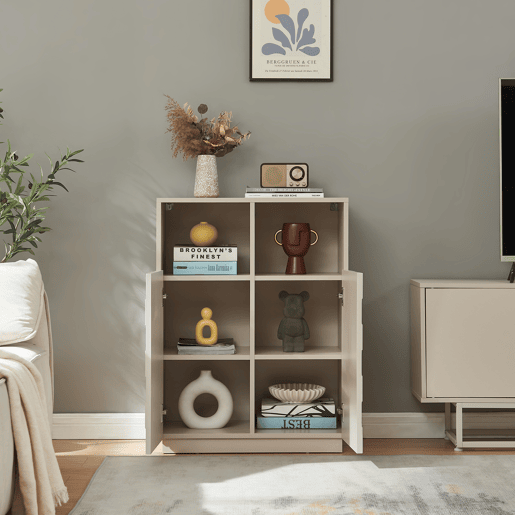 Cómoda alta Bopibobro com 2 portas 6 compartimentos 86x64x36 cm Bege en.casa