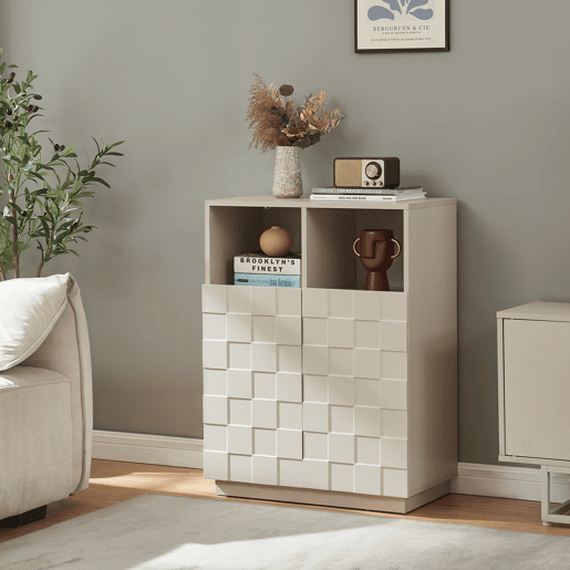 Cómoda alta Bopibobro com 2 portas 6 compartimentos 86x64x36 cm Bege en.casa