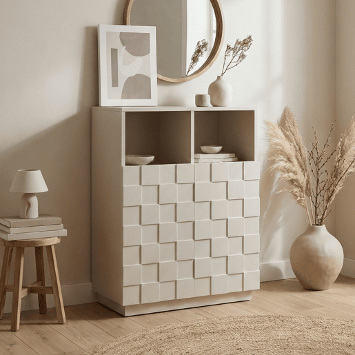 Cómoda alta Bopibobro com 2 portas 6 compartimentos 86x64x36 cm Bege en.casa