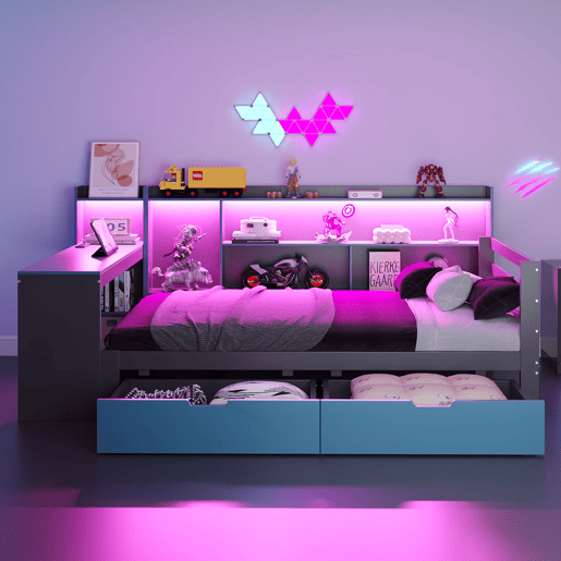 Sofá-cama de madeira 90x200 - Secretária, prateleiras, arrumação, iluminação, multifuncional - Preto+Azul