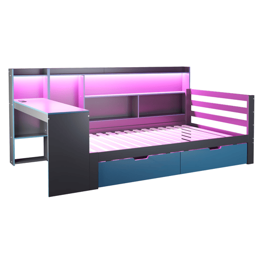 Sofá-cama de madeira 90x200 - Secretária, prateleiras, arrumação, iluminação, multifuncional - Preto+Azul