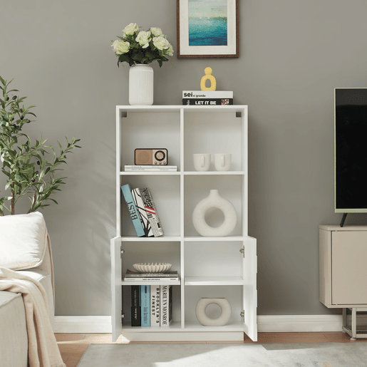 Cómoda alta Bopibobro com 2 portas 8 compartimentos 118x64x30 cm Blanco en.casa