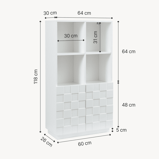 Cómoda alta Bopibobro com 2 portas 8 compartimentos 118x64x30 cm Blanco en.casa