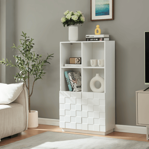 Cómoda alta Bopibobro com 2 portas 8 compartimentos 118x64x30 cm Blanco en.casa