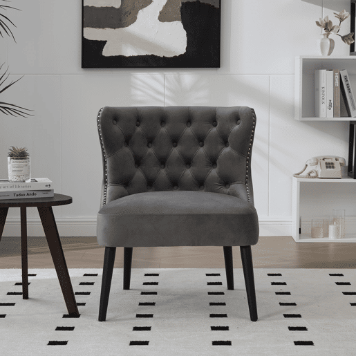 Poltrona individual - sem braços com botões e tachas, design moderno - Cinza Poltrona individual - sem braços com botões e tachas, design moderno - Cinza