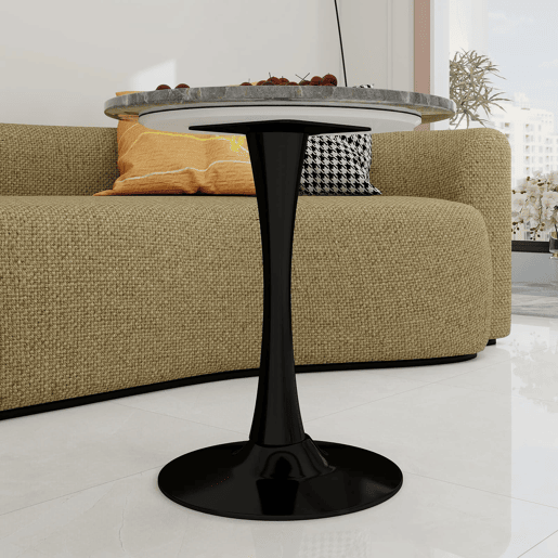 Mesa de centro 70 cm - Estilo mid-century, tampo redondo em mármore cinza escuro - Preto+Cinza