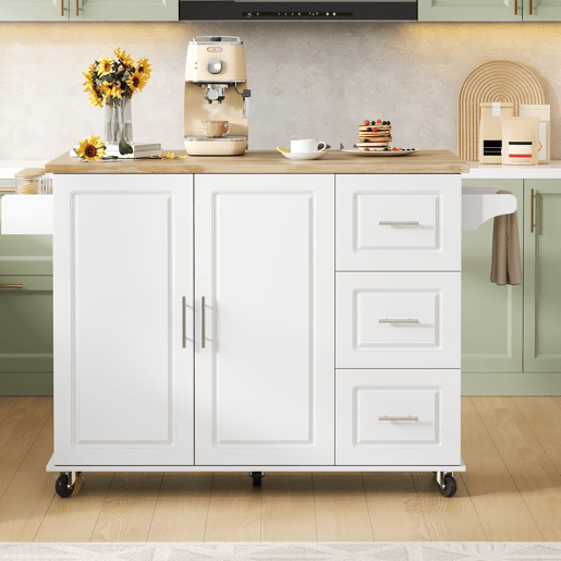 Mesa de cozinha móvel grande 137x43(76)x92 cm - Superfície em carvalho, design dobrável, armário multifuncional, 3 gavetas, suporte para toalhas - Branca