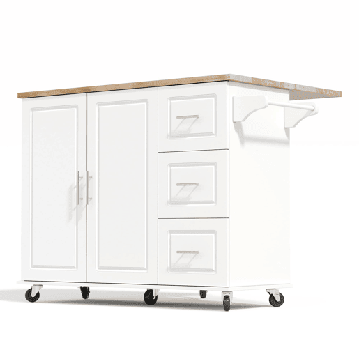 Mesa de cozinha móvel grande 137x43(76)x92 cm - Superfície em carvalho, design dobrável, armário multifuncional, 3 gavetas, suporte para toalhas - Branca