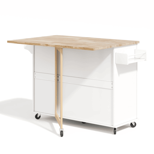 Mesa de cozinha móvel grande 137x43(76)x92 cm - Superfície em carvalho, design dobrável, armário multifuncional, 3 gavetas, suporte para toalhas - Branca