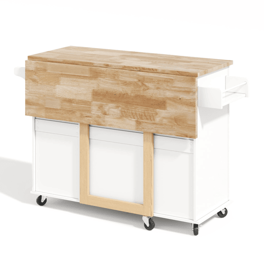 Mesa de cozinha móvel grande 137x43(76)x92 cm - Superfície em carvalho, design dobrável, armário multifuncional, 3 gavetas, suporte para toalhas - Branca