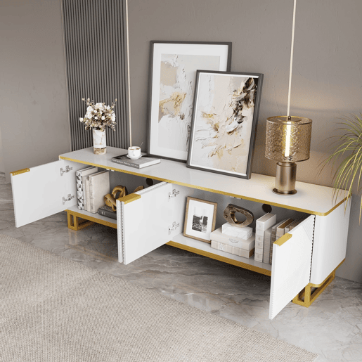Móvel de TV 160x37,5 cm - 4 portas, textura geométrica, design exclusivo - Branco