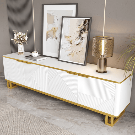 Móvel de TV 160x37,5 cm - 4 portas, textura geométrica, design exclusivo - Branco