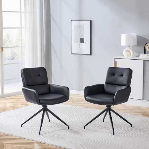 Cadeiras giratórias para sala de jantar, 2 unidades u2013 PU preto, design luxuoso, pernas metálicas, rotação de 360°