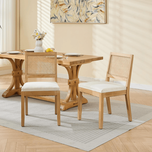 Cadeiras de sala de jantar em rattan, 2 unidades - estilo mid century, assento em cana, estrutura em madeira - bege