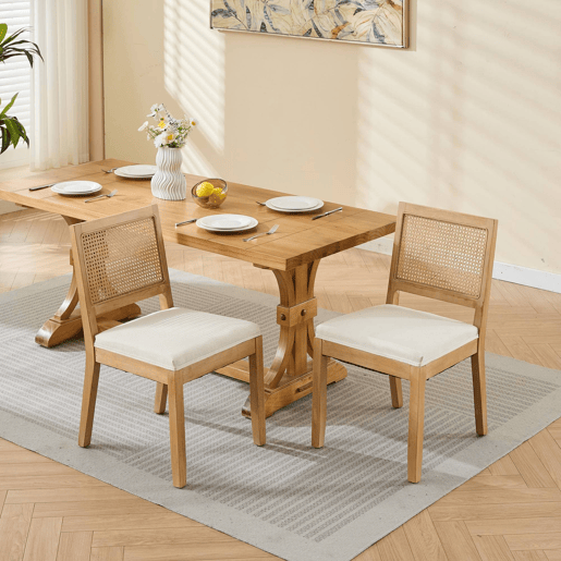 Cadeiras de sala de jantar em rattan, 2 unidades - estilo mid century, assento em cana, estrutura em madeira - bege