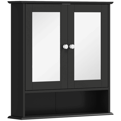 kleankin Armário de Casa de Banho com Espelho Armário de Parede com 2 Portas Prateleira Aberta e Ajustável Móvel Suspenso 56x13x58 cm Preto
