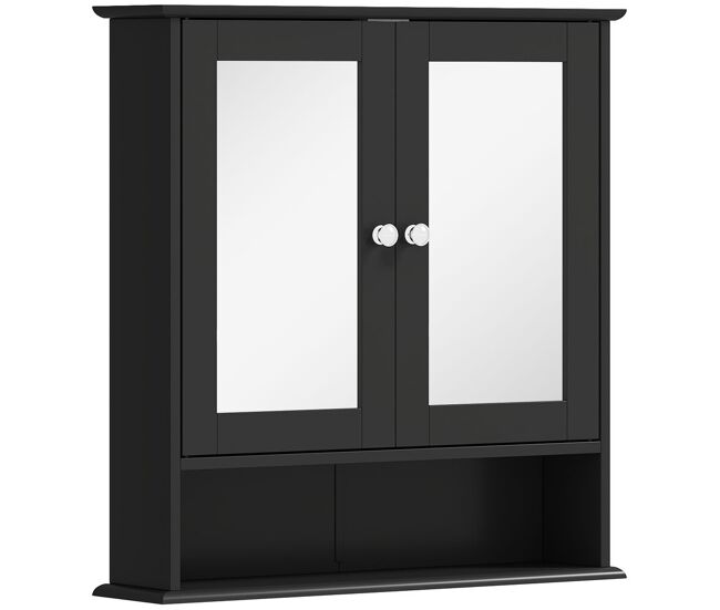 Kleankin armario de baño con espejo, armario de pared con 2 puertas, estante abierto, estante ajustable, mueble de baño colgar para cocina, salón, 56x13x58 cm, negro