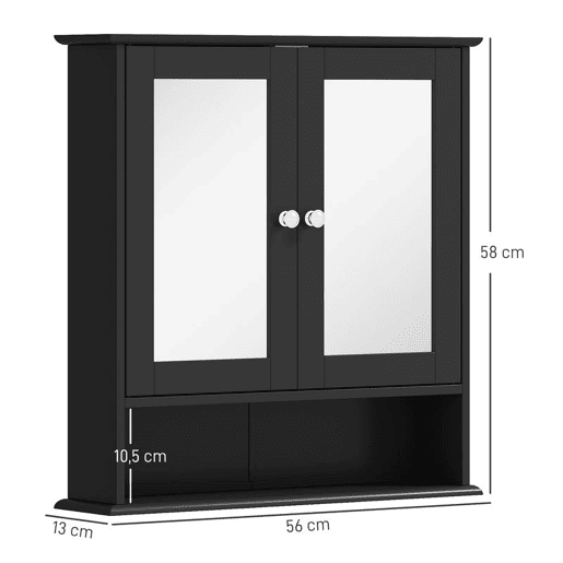 kleankin Armário de Casa de Banho com Espelho Armário de Parede com 2 Portas Prateleira Aberta e Ajustável Móvel Suspenso 56x13x58 cm Preto