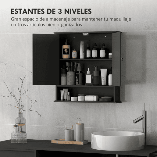 kleankin Armário de Casa de Banho com Espelho Armário de Parede com 2 Portas Prateleira Aberta e Ajustável Móvel Suspenso 56x13x58 cm Preto
