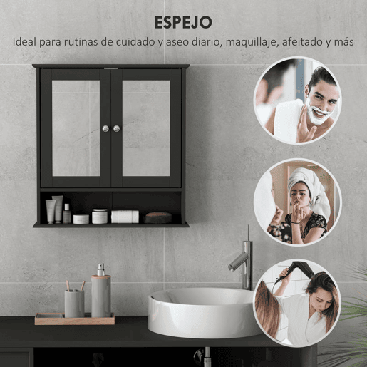 kleankin Armário de Casa de Banho com Espelho Armário de Parede com 2 Portas Prateleira Aberta e Ajustável Móvel Suspenso 56x13x58 cm Preto