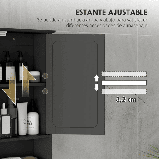 kleankin Armário de Casa de Banho com Espelho Armário de Parede com 2 Portas Prateleira Aberta e Ajustável Móvel Suspenso 56x13x58 cm Preto