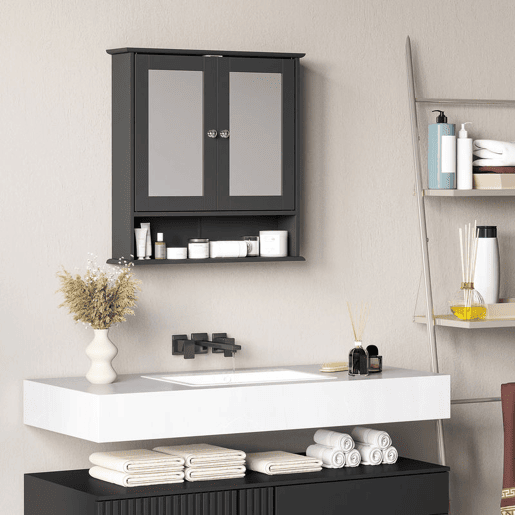 kleankin Armário de Casa de Banho com Espelho Armário de Parede com 2 Portas Prateleira Aberta e Ajustável Móvel Suspenso 56x13x58 cm Preto