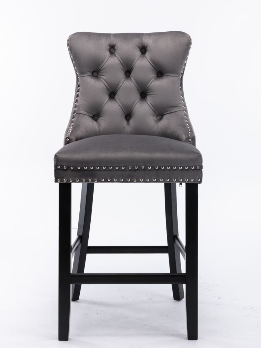 Taburetes de bar 2 unidades - terciopelo con botones, patas de madera y remaches cromados - gris