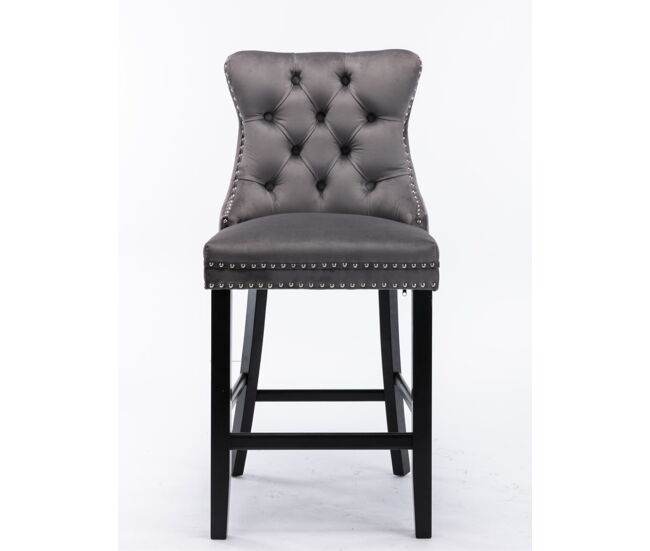 Taburetes de bar 2 unidades - terciopelo con botones, patas de madera y remaches cromados - gris