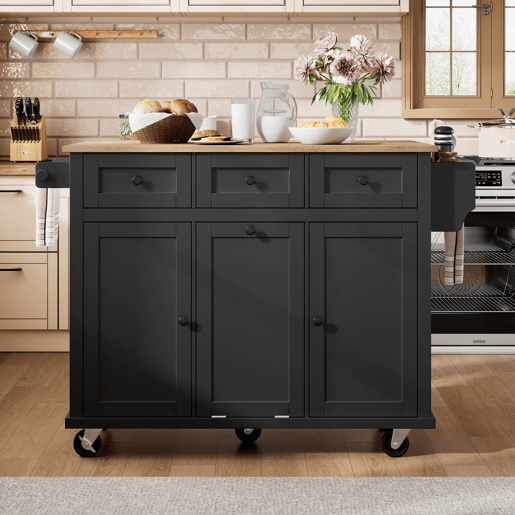 Ilha de cozinha móvel 131 cm - extensível com rodas, gavetas e caixote do lixo - preto